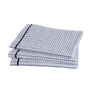Stack of folded navy checkered kitchen dish towels.
