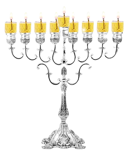 Ner Mitzvah Silver Plated Oil Menorah - Fits Standard Chanukah Small Oil Cups and Large Candles - Olive Branches - 13” High