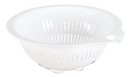 Round white plastic colander with drainage holes and a small handle.