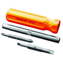 Howard Berger 6-in-1 heavy-duty screwdriver with a black and yellow ergonomic handle and interchangeable metal tips, displayed on a white background.