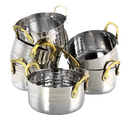 Set of six polished silver stainless steel mini Dutch ovens, each featuring gold-plated handles, displayed on a white background.