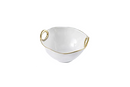 A 6-inch white ceramic serving bowl with a gold rim and two small, gold-colored loop handles.