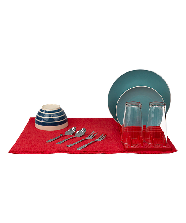Home Basics Low Profile Plastic Dish Drying Rack with Microfiber Drying Mat Red