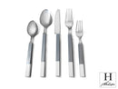 Modern flatware set, H. Holister, with grey accent handles, including forks, knife, and spoons