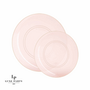 Elegant blush pink dinnerware set from Luxe Party NYC, featuring two translucent plates with a delicate gold rim. Perfect for weddings, celebrations, and upscale dining.