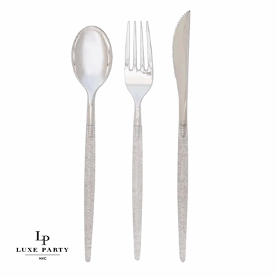 Silver Glitter Plastic Cutlery Set | 32 Pieces
