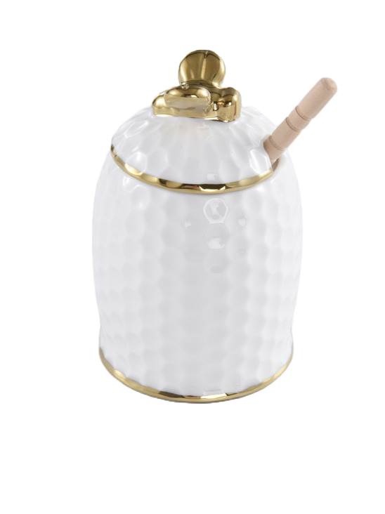 White and Gold Ceramic Honey Jar Set