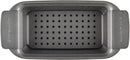Top view of a gray nonstick loaf pan with a removable draining insert, designed for baking meatloaf, shown on a white background.