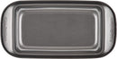 Top view of a gray nonstick loaf pan shown on a white background.