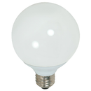A white, round Satco S7304 G25 compact fluorescent (CFL) globe light bulb is shown against a white background. The bulb has a frosted finish and a standard screw base. This is an energy-efficient lighting option.