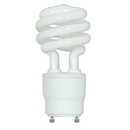 A white Satco S8205 compact fluorescent light (CFL) bulb is shown against a white background. This 18-watt mini spiral bulb has a GU24 twist-lock base and emits a soft white (2700K) light, equivalent in brightness to a traditional 75-watt incandescent bulb. It is an energy-efficient lighting option designed for use in compatible light fixtures.