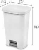 This is a white plastic step-on trash can with a rectangular shape. It features a pedal-operated lid, making it a hands-free and hygienic option for waste disposal.
Dimensions:
Width: 13¼ inches (33.7 cm)
Length: 16⅛ inches (41 cm)
Height: 24½ inches (62.2 cm)
This type of trash can is ideal for kitchens, offices, or bathrooms, offering convenience and a modern, minimalist look.