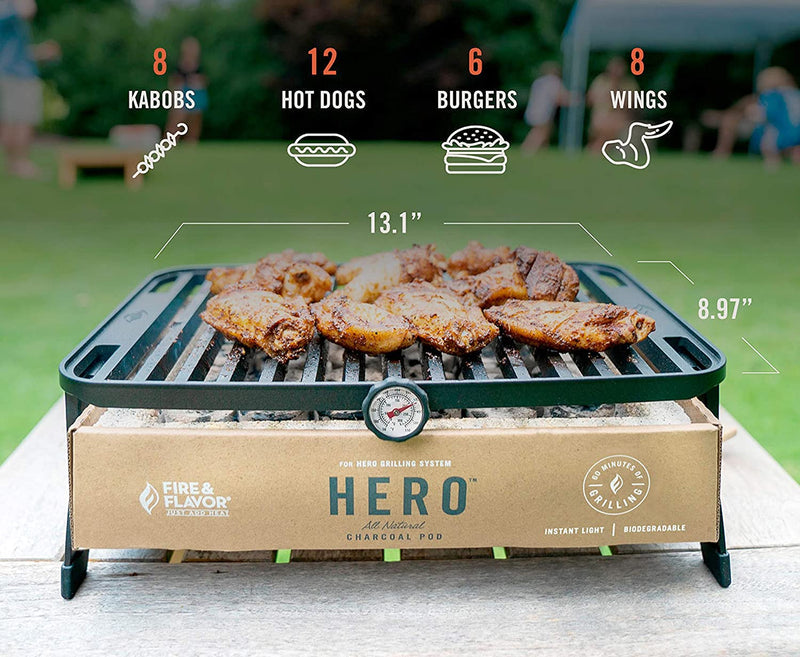 Fire & Flavor HERO Grill Kit Ultra-Portable Easy Instant Light Charcoal Grilling for Tailgating, Beach, RV, Park, Patio or Outdoor Activities with Reusable Eco-Friendly Pod
