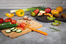 Set of two paring knives, one straight green and one serrated orange, with protective sheaths.