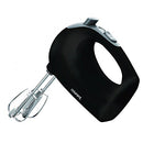 Black electric hand mixer with two chrome beaters, showing its 150 watts of power, 5 variable speed settings with a slide control, and a beater eject button.