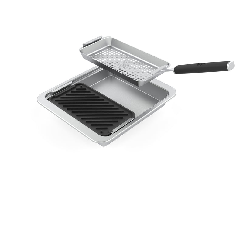 Yukon Glory BBQ 'N SERVE Grill & Sear Set Includes a BBQ Grill Basket - Cast Iron Grill Pan a Serving Tray & Clip-On Handle - Perfect Grill Baskets for Outdoor Grill Vegetables or Fish Basket & Meat