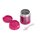 THERMOS FUNTAINER 10-ounce pink kids food jar with push-button lid and foldable spoon, shown on a white background.