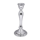 A 6.5-inch tall candlestick with a polished silver/nickel finish, a slender stem, and an ornate hammered texture on the body and base.