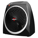 A black Vornado personal vortex space heater with a red indicator light and a black fan grill with a silver ring.