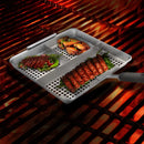 Silver Yukon Glory BBQ 'N Serve 3-Section BBQ Grill Basket with a detachable black handle, designed to keep foods separate while grilling.