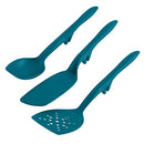 Rachael Ray 3-piece Lazy Tools utensil set in teal blue, including a scraping spoon, flexi slotted turner, and flexi angled turner, displayed neatly on a white background.