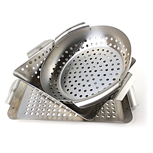 Yukon Glory Set of 3 Professional Barbecue Mini Grilling Basket Set, Heavy Duty Stainless Steel Perforated Grill Baskets for Grilling Veggies, Seafood, and More