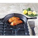 Black 10.25 inch cast iron grill fry pan with ribbed bottom and handle