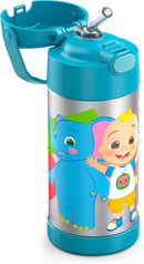 Cocomelon-themed THERMOS FUNtainer 12oz stainless steel kids straw bottle with a soft-touch carry handle, displayed on a white background.