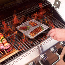 Silver Yukon Glory BBQ 'N Serve 3-Section BBQ Grill Basket with a detachable black handle, designed to keep foods separate while grilling.