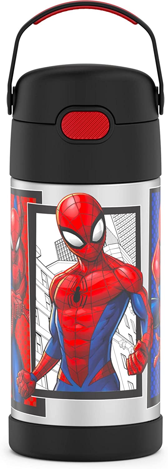 THERMOS FUNTAINER 12 Ounce Stainless Steel Vacuum Insulated Kids Straw Bottle, Spider-Man