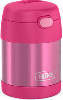 THERMOS FUNTAINER 10-ounce pink kids food jar with push-button lid, shown on a white background.