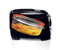A black and silver De'Longhi deep fryer with a rounded design. The front panel features a control knob, a viewing window, and an "Easy Clean" button. The lid has a ribbed texture and a handle is visible on the side. The "ROTO FRY" logo is prominent on the front.