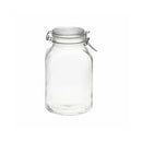 A clear, empty Bormioli Rocco 3 liter glass canning jar with a glass lid and metal wire clamp, suitable for food preservation.