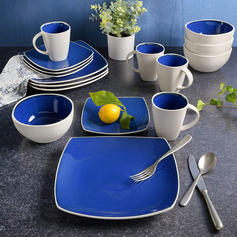 Gibson Soho Lounge Square Reactive Glaze Stoneware Dinnerware Set, Service for 4 (16pc), Blue/White