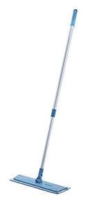 A Superio Miracle Mop with a light blue microfiber mop head, a silver-colored adjustable pole, and a blue grip handle with a hanging hole. The mop head is rectangular and lies flat on the surface.