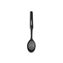 Durable Farberware Professional Slotted Straining Spoon with ergonomic soft-grip handle and numerous perforations for quick liquid separation.