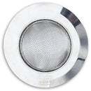A circular kitchen sink strainer made of stainless steel with a fine mesh basket and wide rim, shown in its retail packaging.