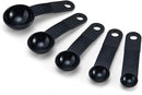 Five Black KitchenAid measuring spoon set including 1 tbsp, 1 tsp, 1/2 tsp, 1/4 tsp, and 1/8 tsp sizes.