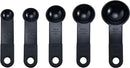 Five Black KitchenAid measuring spoon set including 1 tbsp, 1 tsp, 1/2 tsp, 1/4 tsp, and 1/8 tsp sizes.