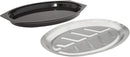 A black-rimmed serving platter with a removable silver stainless steel insert engraved with a leaf pattern, designed to keep grilled meats sizzling hot.