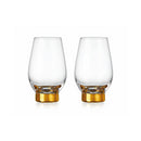 Set of two tall white wine goblets with gold column stems by Godinger on a white background.