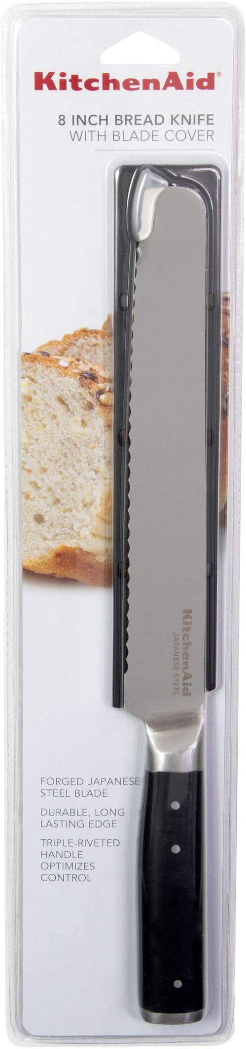 KitchenAid Gourmet Forged Triple Rivet Bread Knife with Custom-Fit Blade Cover, High-Carbon Japanese Stainless Steel Blade, Black