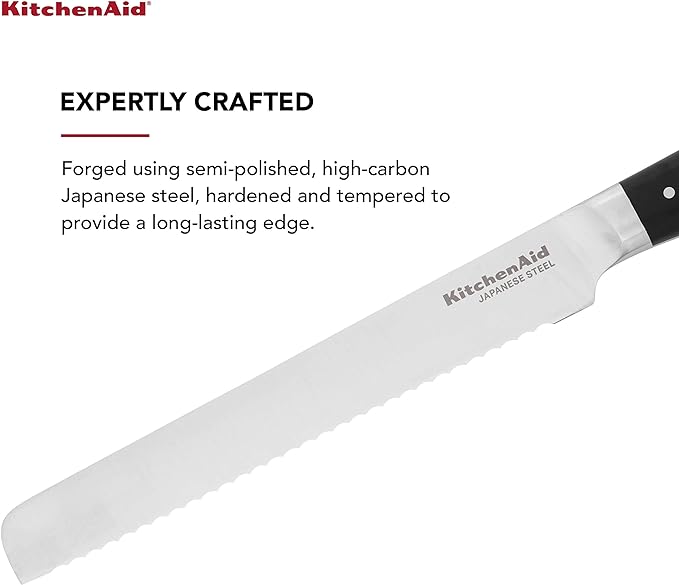 KitchenAid Gourmet Forged Triple Rivet Bread Knife with Custom-Fit Blade Cover, High-Carbon Japanese Stainless Steel Blade, Black