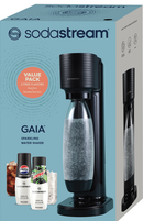 A black SodaStream Gaia machine with a removable carbonating bottle, designed for ease of use and quick sparkling beverage creation.