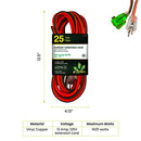 25ft orange Go Green Power outdoor extension cord with lighted end coiled in packaging on a white background.