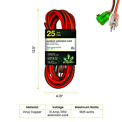 Go Green Power Inc. 16/3 25ft Outdoor Extension Cord with Lighted End - Contractor Grade, Durable, and Moisture Resistant - Ideal for Heavy Duty Tools - GG-13725