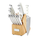 A 15-piece white-handled knife set in a wooden block displayed on a white background.