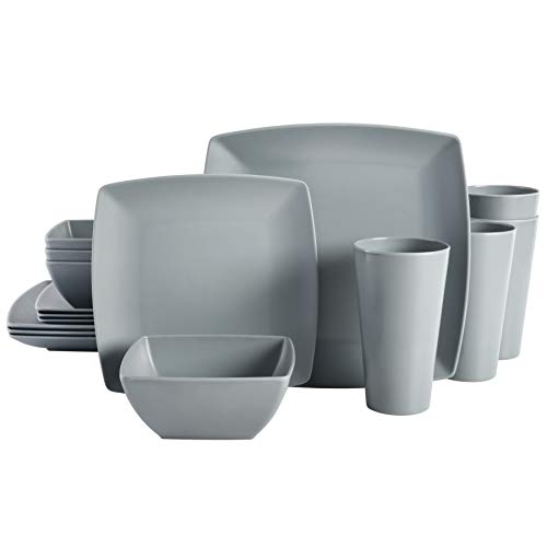 Gibson Home Soho Grayson Square Melamine Plastic Dinnerware Set, Service for Four (16pcs), Grey