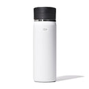 OXO Good Grips 20 oz stainless steel travel coffee mug in quartz finish with twist lid on a white background.