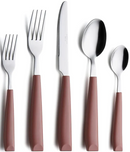 A 5-piece setting from a 20-piece flatware set, featuring stainless steel tops and solid, reddish-brown beechwood-style handles.